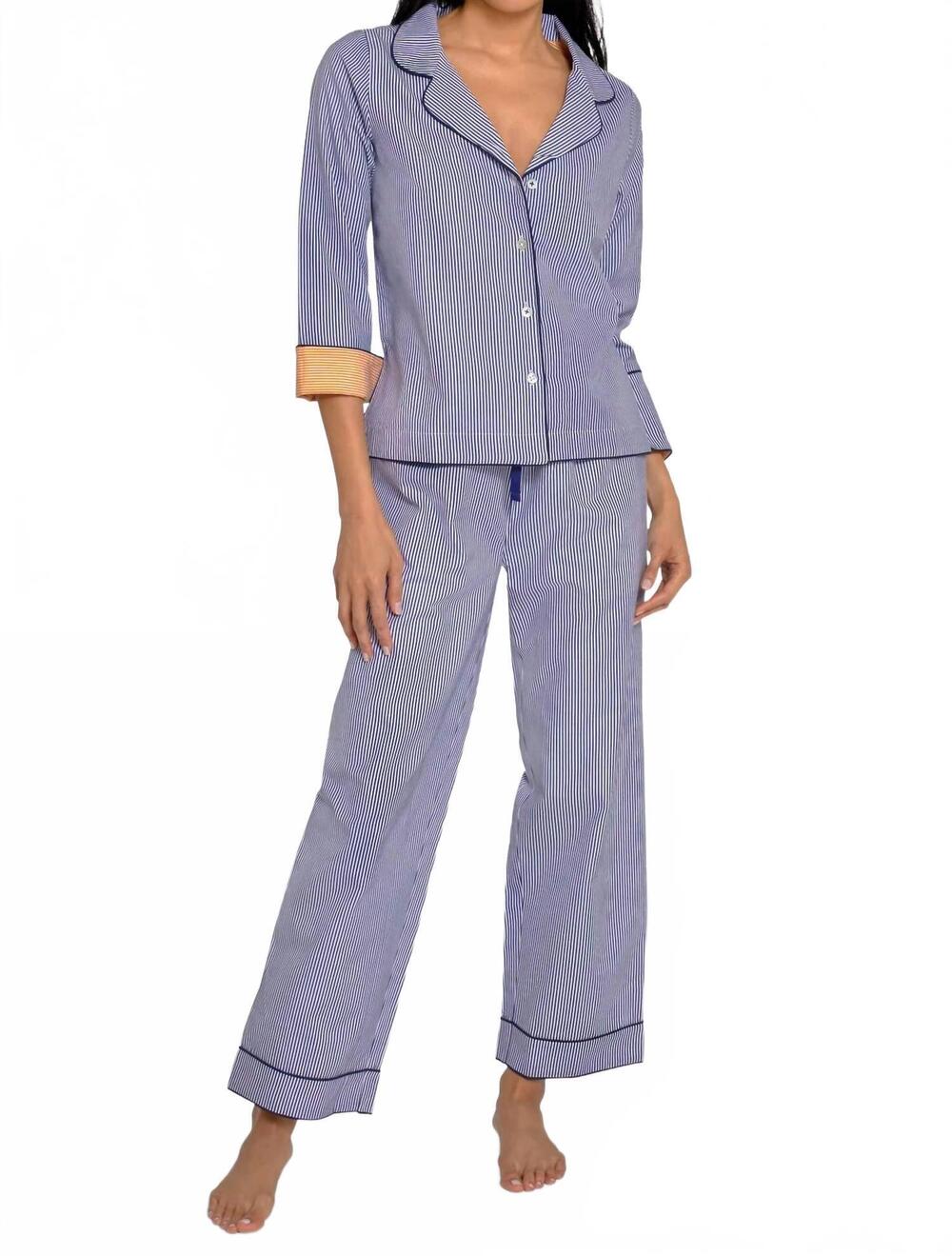 NEW GRETCHEN SCOTT two-piece cotton pajama set in navy stripes